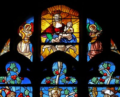 Window depicting the Tree of Jesse: the Virgin Mary with musical Angels with serpent and lute (mostly modern) by French School